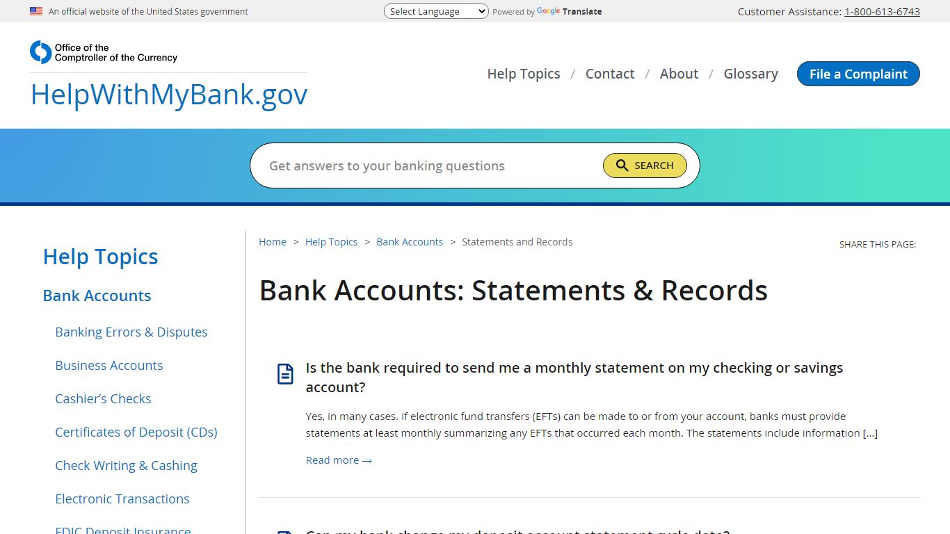 Bank Accounts: Statements & Records - HelpWithMyBank.gov